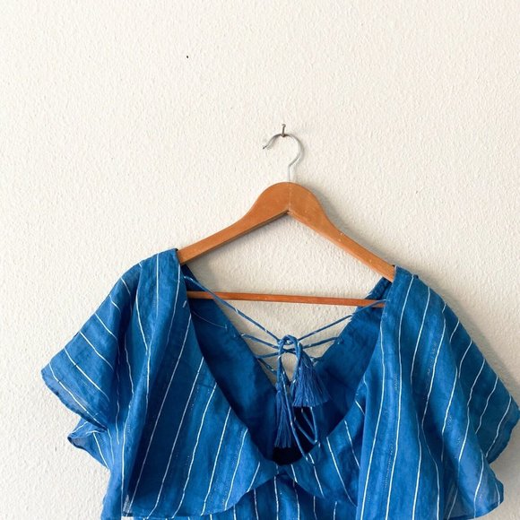 Revolve Tularosa Zoey top In Indigo crop top metallic silver striped tied boho L - Picture 4 of 9